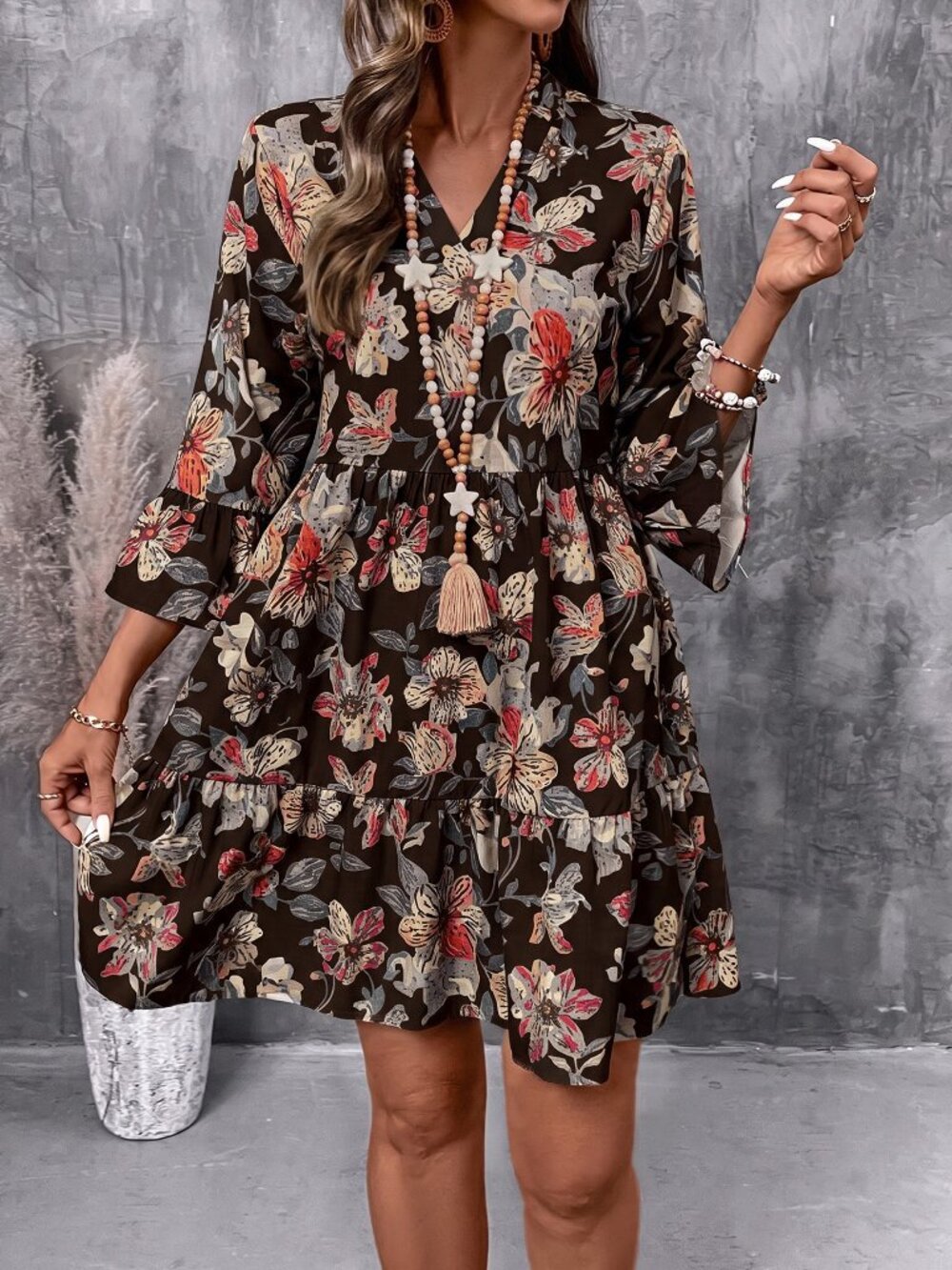 Brown Boho Women's Print Dress - Picture 4 of 7